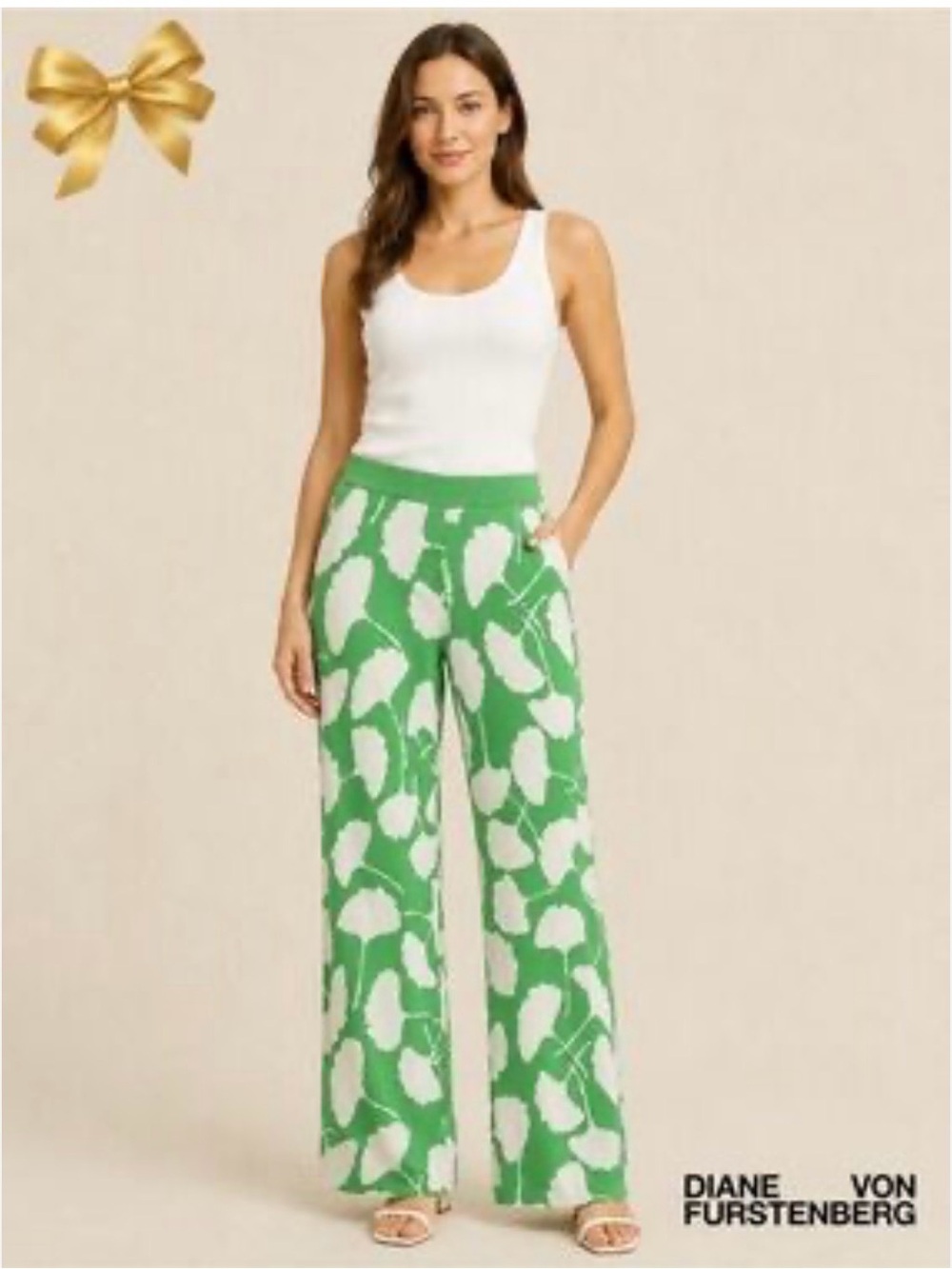 Diane Von Furstenberg green floral knit boho pants